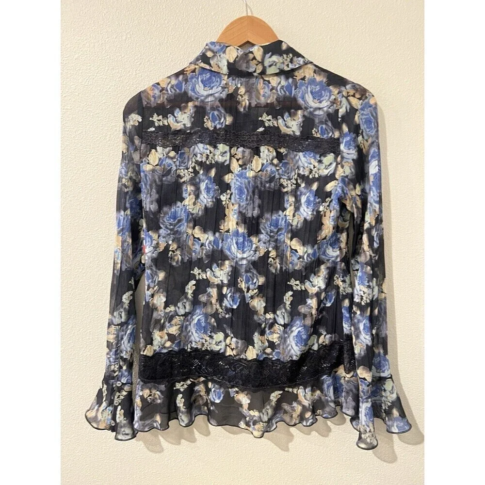 Free People Bad at Love Blouse Sheer Floral Ruffle Sleeve Lace Boho Fairy Whimsy